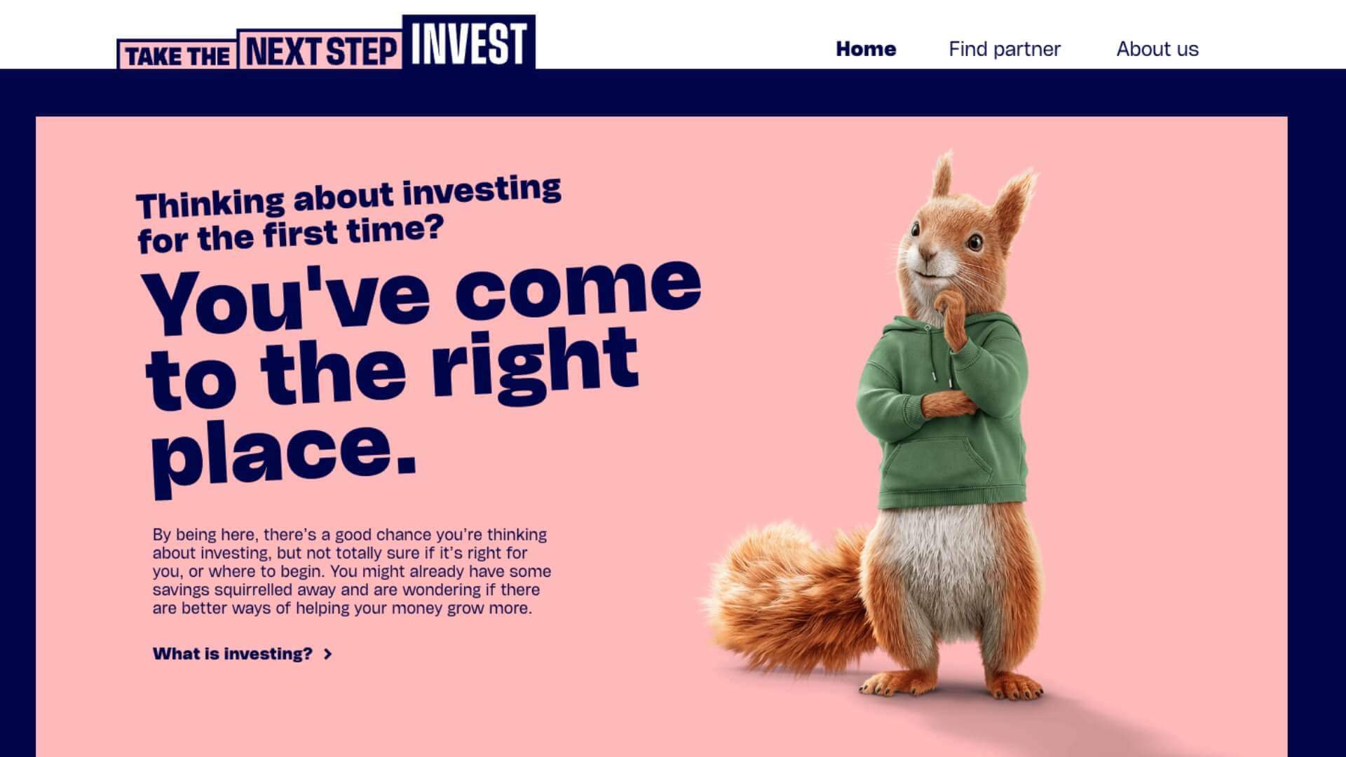 Take The Next Step financial education platform homepage for first-time investors